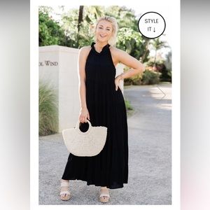 NWT Pink Lily Twirl Me Around Black Halter Gauze Maxi Dress